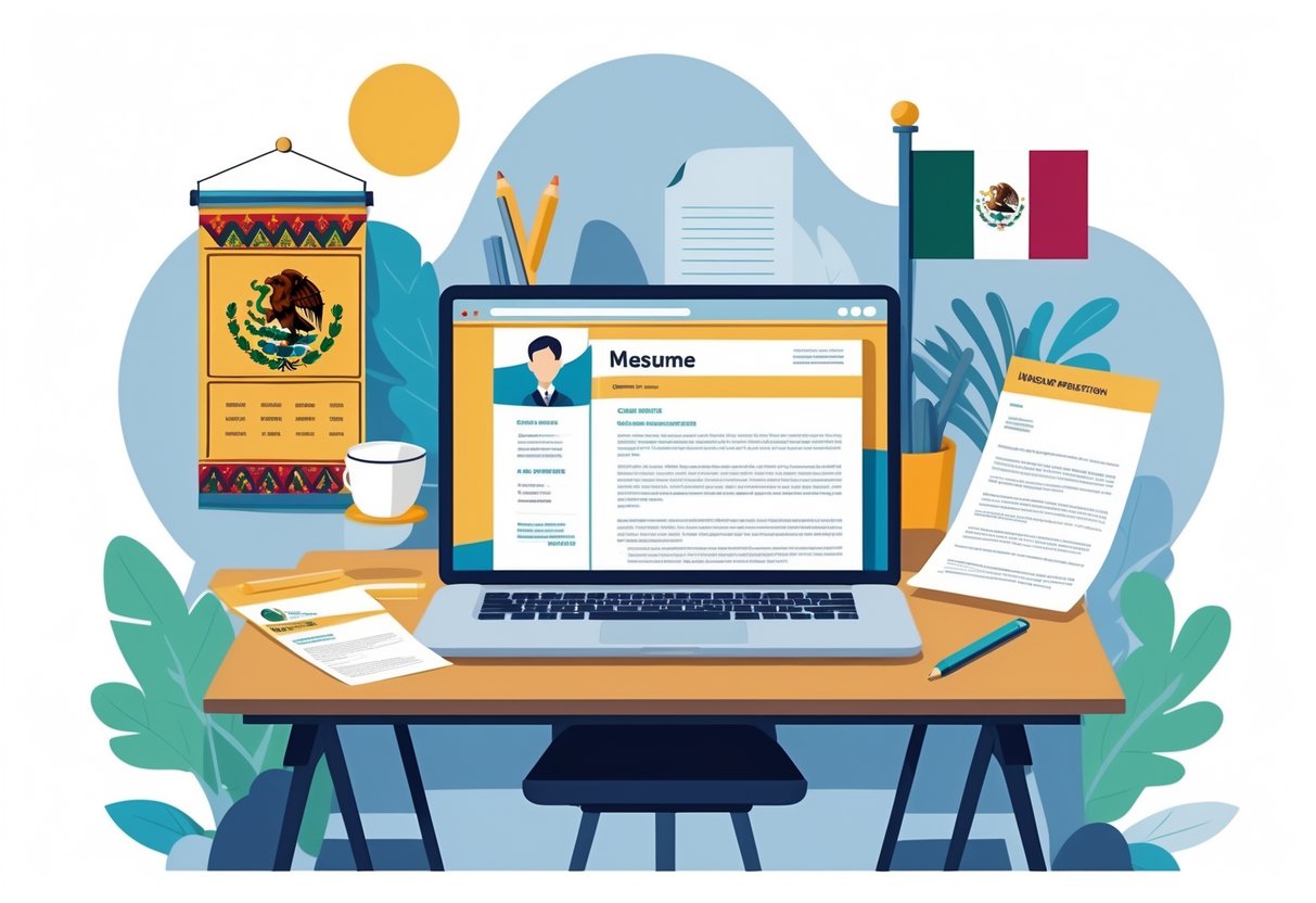 A workspace with a laptop, printed documents, and a Mexican flag in the background, representing job application preparation.