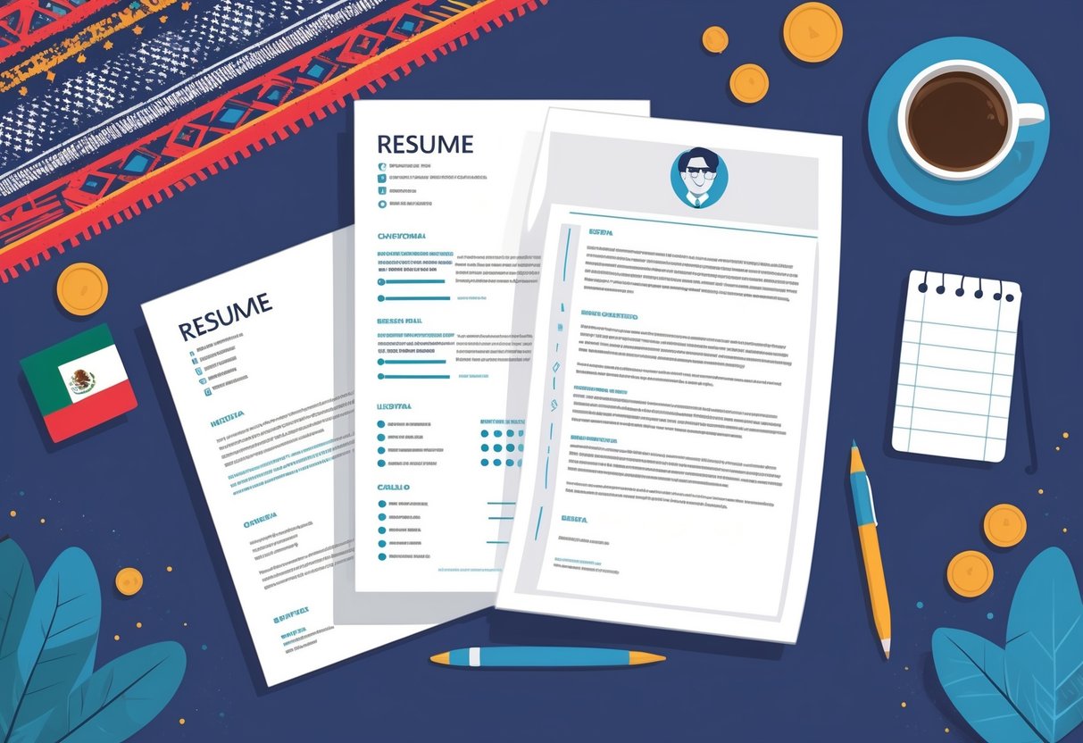 A tidy desk with a resume and cover letter laid out alongside a laptop, pen, and a small Mexican flag, symbolizing resume preparation.