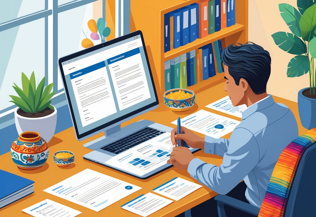 A person reviewing a resume and cover letter at a desk with Mexican cultural decorations in a bright office setting.