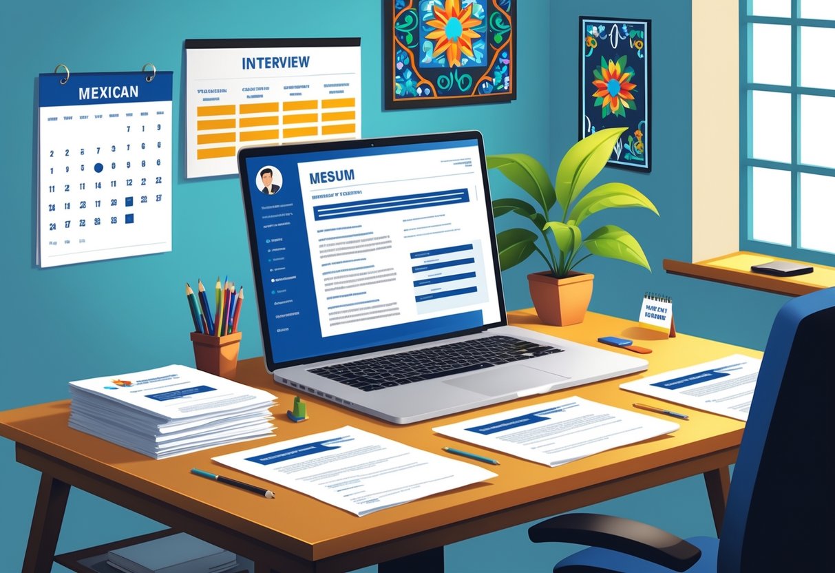 A person at a desk preparing a resume on a laptop with interview dates marked on a calendar and Mexican cultural decorations in the background.