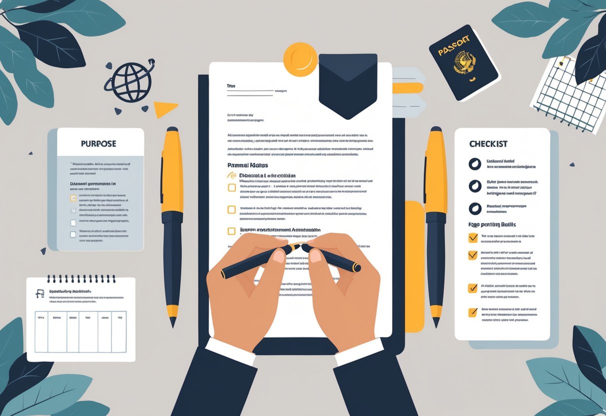 A desk with an open letter, a checklist, a pen, a passport, and travel-related icons arranged neatly to represent the key parts of writing an advance parole cover letter.