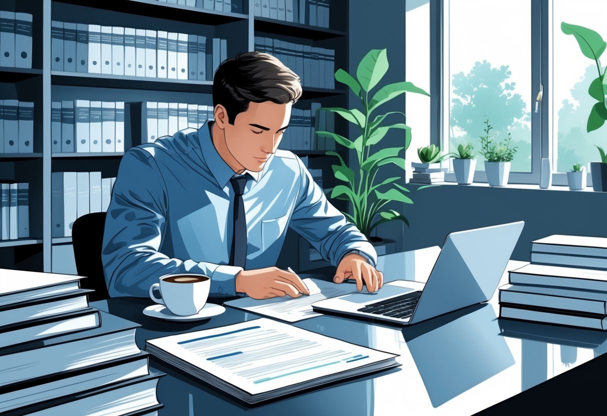 A person working at a desk with a laptop, books, and papers in a bright room with a bookshelf and a plant.
