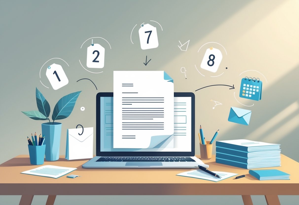 A desk with a laptop, papers, and a pen, showing a step-by-step process for writing a cover letter with icons like a checklist, envelope, and calendar around it.