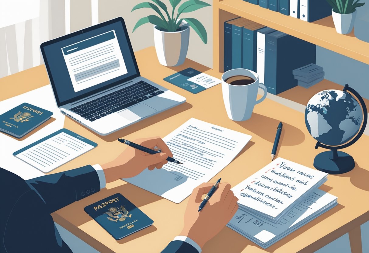 A person writing notes at a desk with a laptop, papers, passport, and travel items nearby.