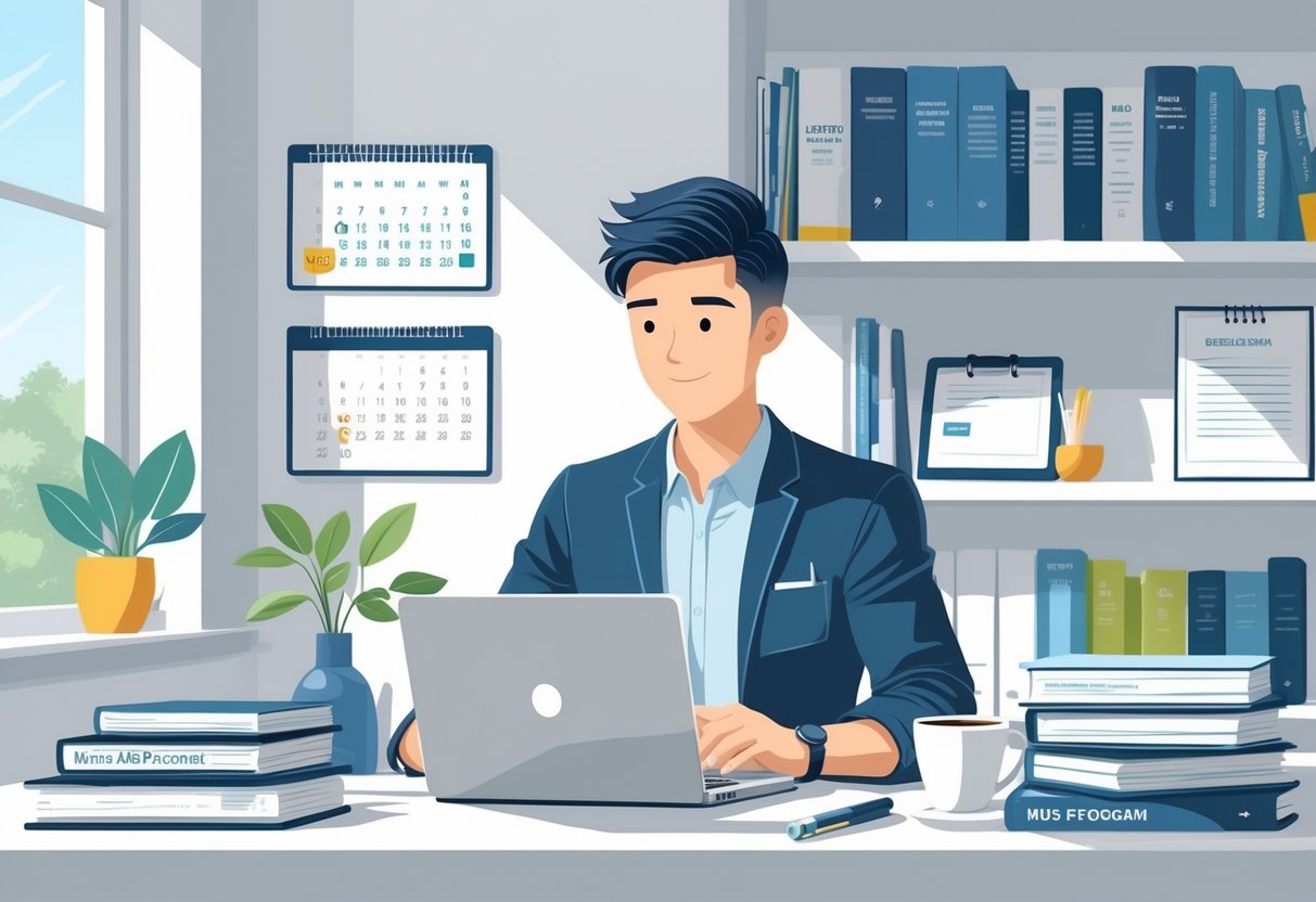 A person working at a desk writing a cover letter on a laptop with business books and a diploma visible nearby.