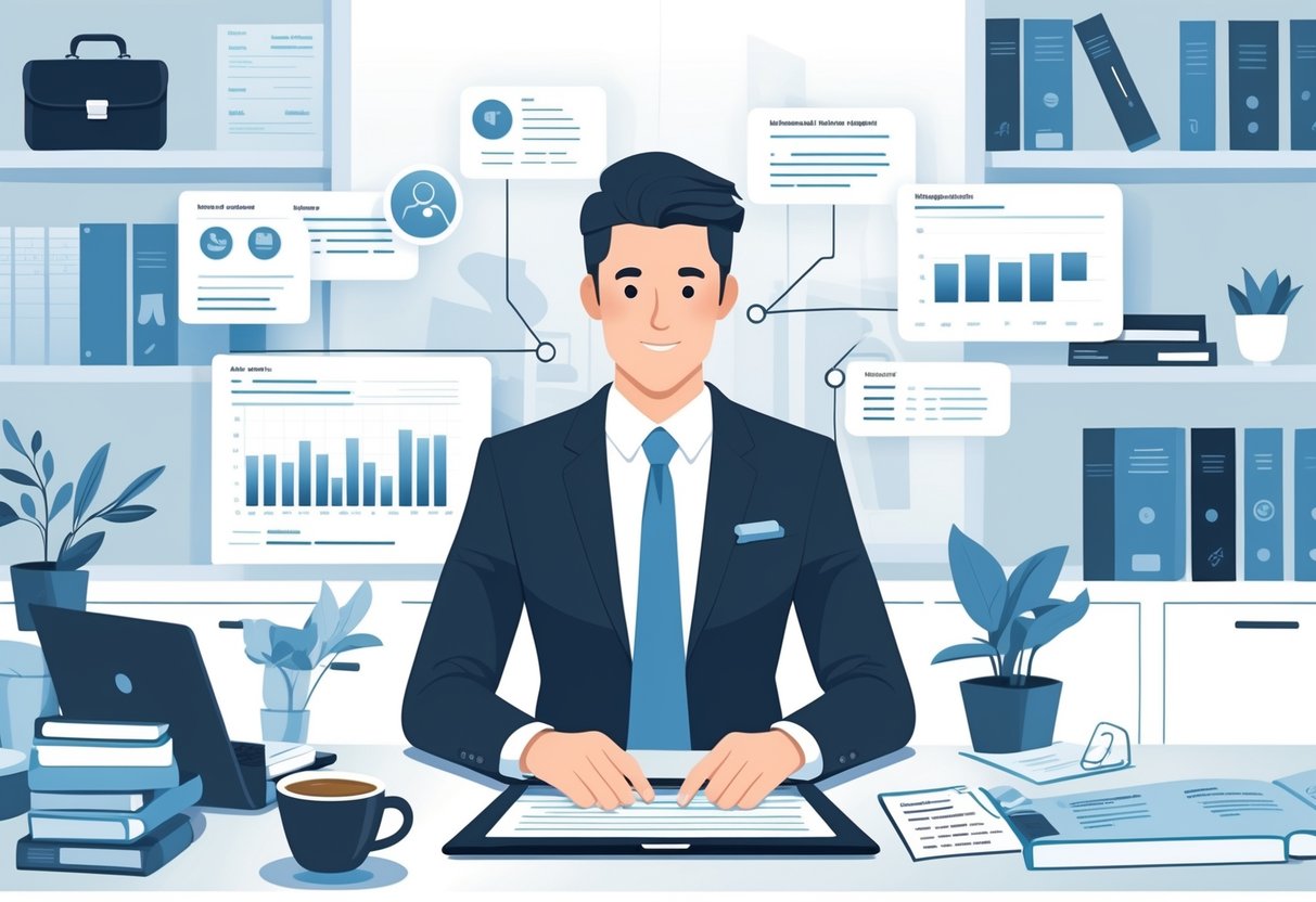 A person working at a desk on a laptop surrounded by icons representing skills, charts, and certificates in a clean office setting.