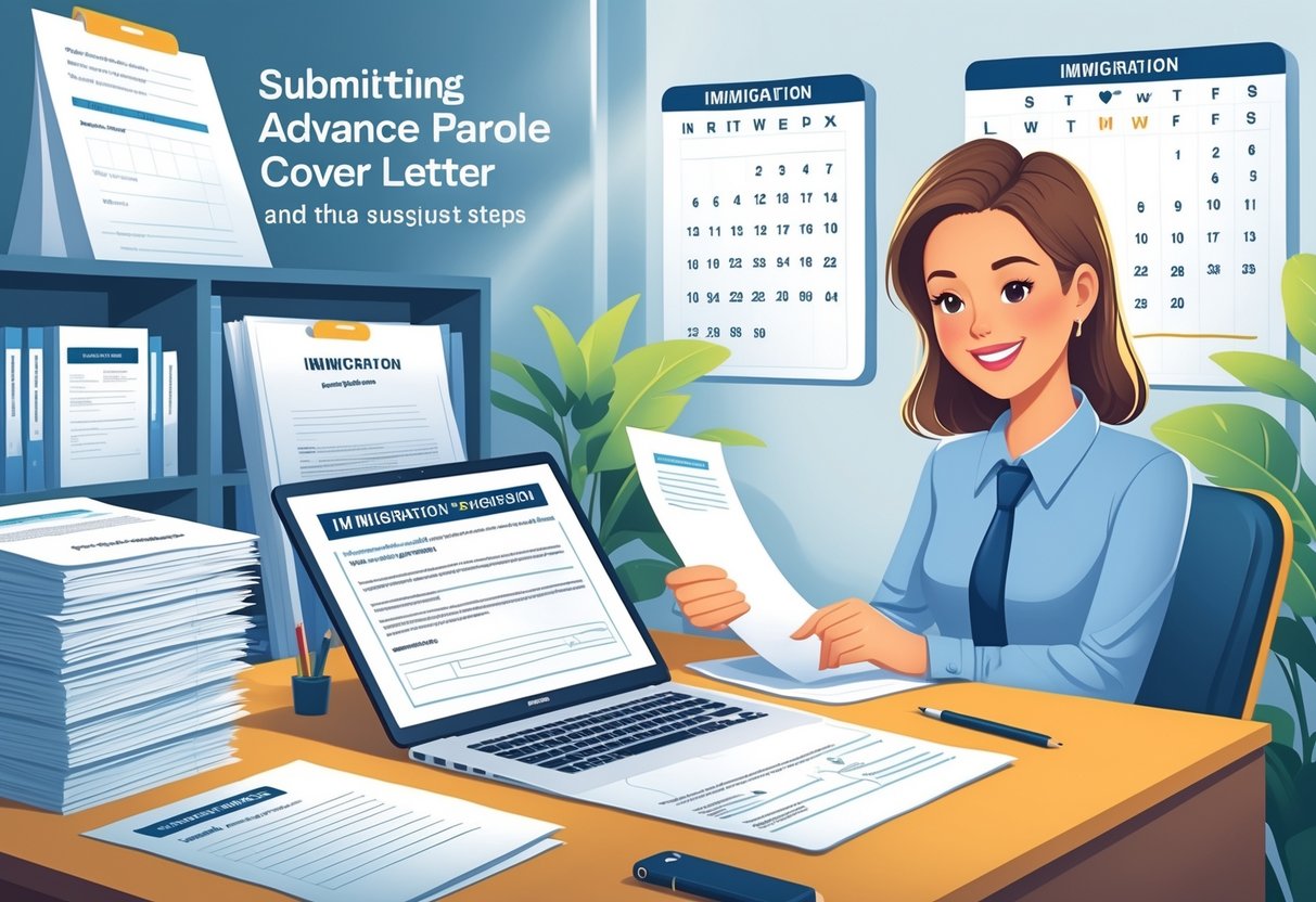 An office desk with immigration documents, a laptop, and a pen, with an immigration officer reviewing paperwork, symbolizing the steps after submitting an advance parole cover letter.