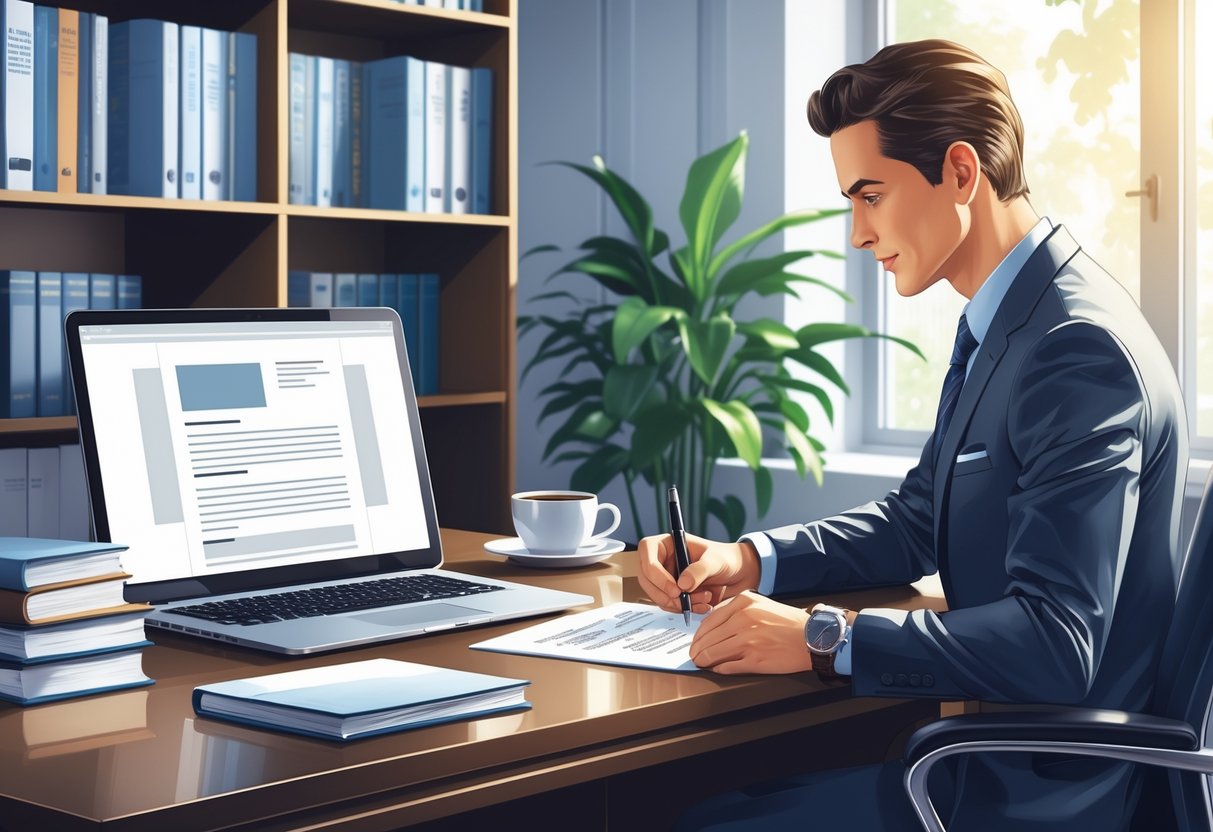 A business professional writing a letter at a desk with a laptop, books, and a plant in an office setting.