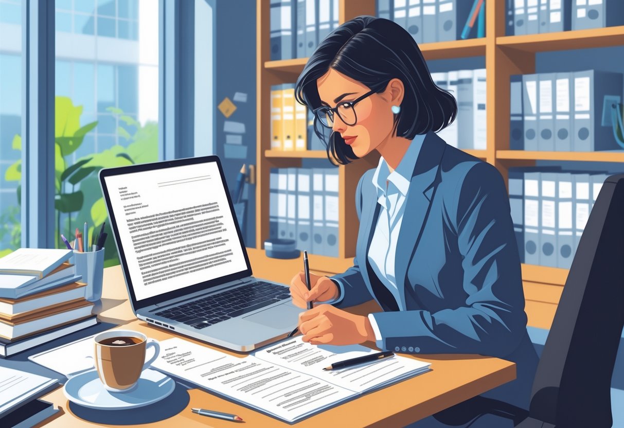 Person working at a desk revising a cover letter on a laptop with notes and books nearby.