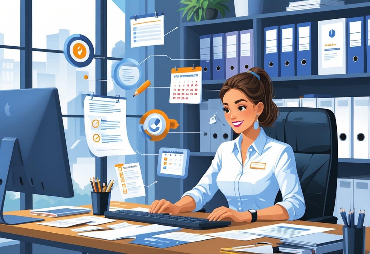 A young administrative assistant working at a desk in an office with icons representing qualifications and accomplishments floating nearby.