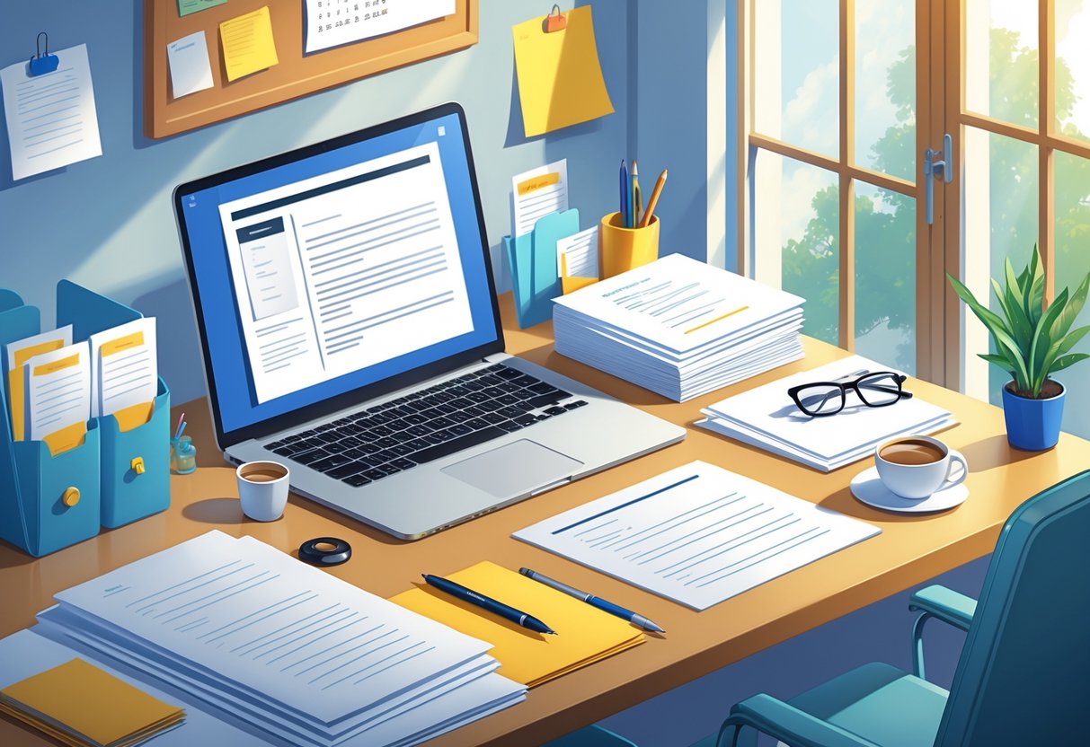 A tidy desk with a laptop, papers, pen, coffee cup, and organized folders in a well-lit room with a bulletin board and calendar in the background.