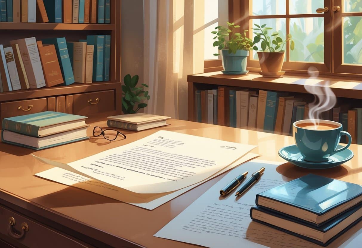 A cozy workspace with an open handwritten letter on a desk, surrounded by books, a fountain pen, and a cup of coffee, with a bookshelf in the background.