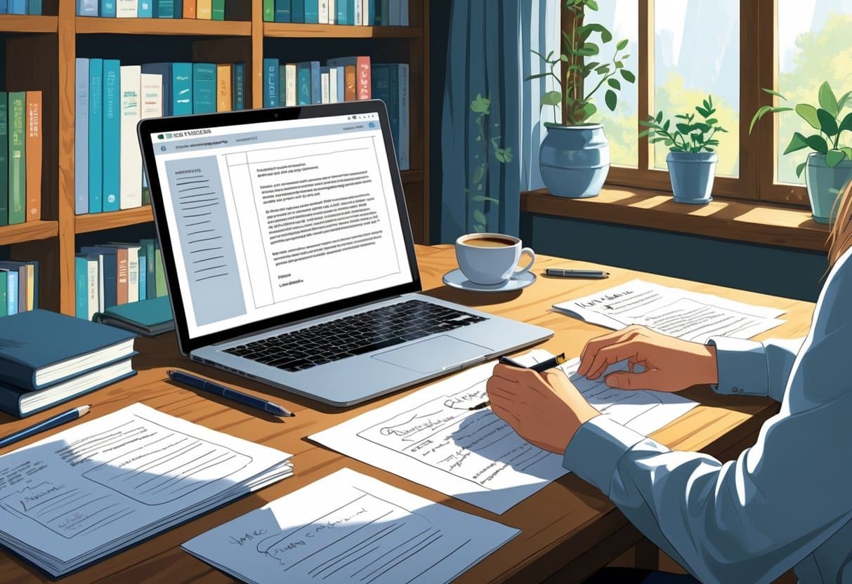 A person working at a desk with a laptop, papers, and a notebook, editing a cover letter in a room with bookshelves and natural light.