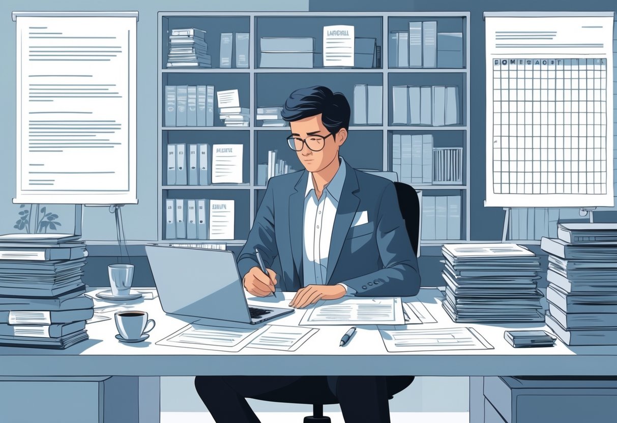 A person writing a letter at a desk surrounded by documents, a laptop, and office supplies in a tidy workspace.