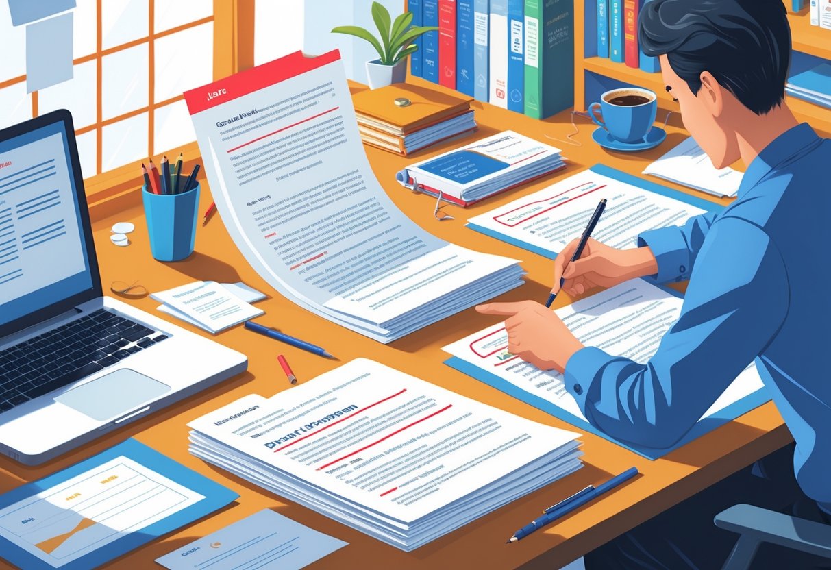 A person reviewing a grant proposal cover letter at a desk with papers marked for common mistakes and an open laptop nearby.