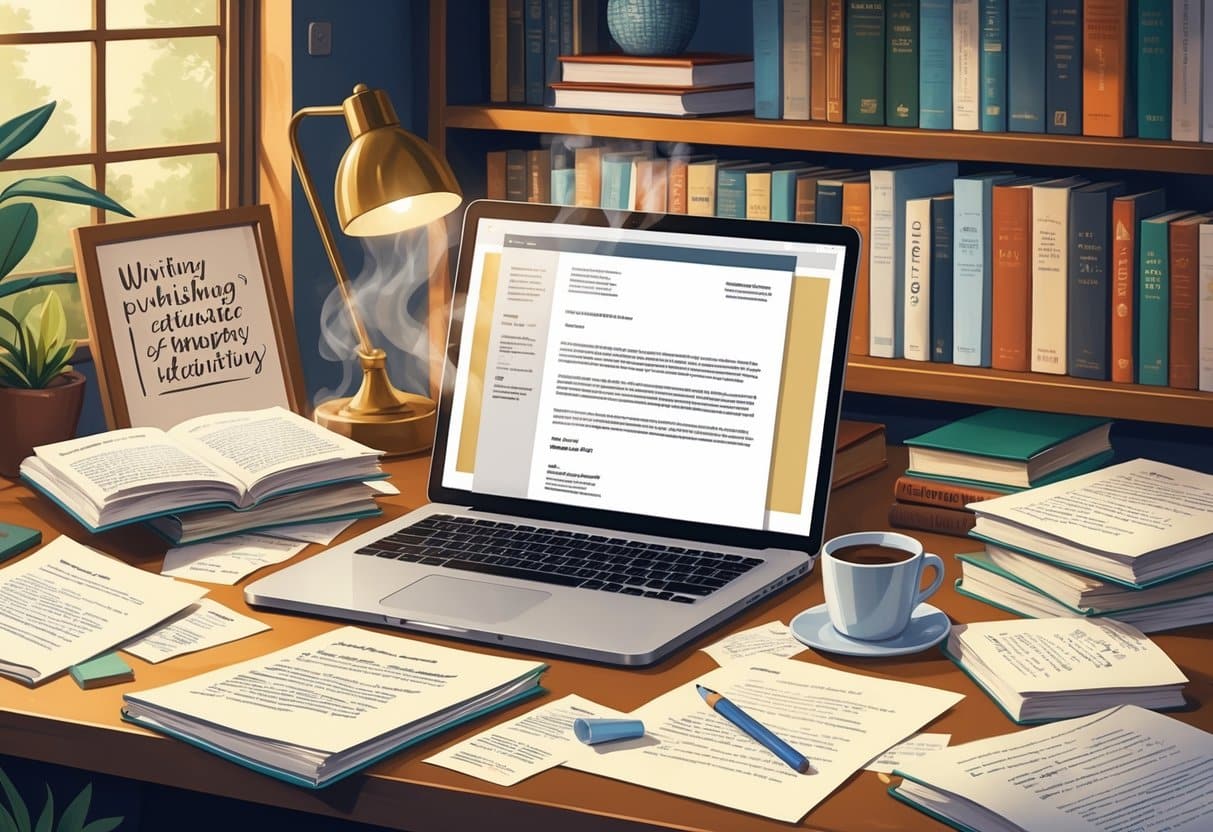 A workspace with an open laptop showing a document, surrounded by manuscripts, books on a shelf, and a cup of coffee.
