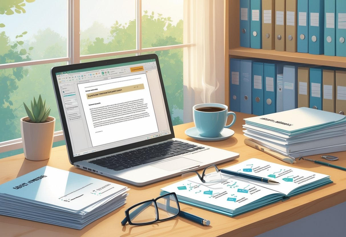 A tidy office desk with a laptop, stacked folders, a notebook with notes, a pen, and a cup of coffee, set near a window with a bookshelf in the background.