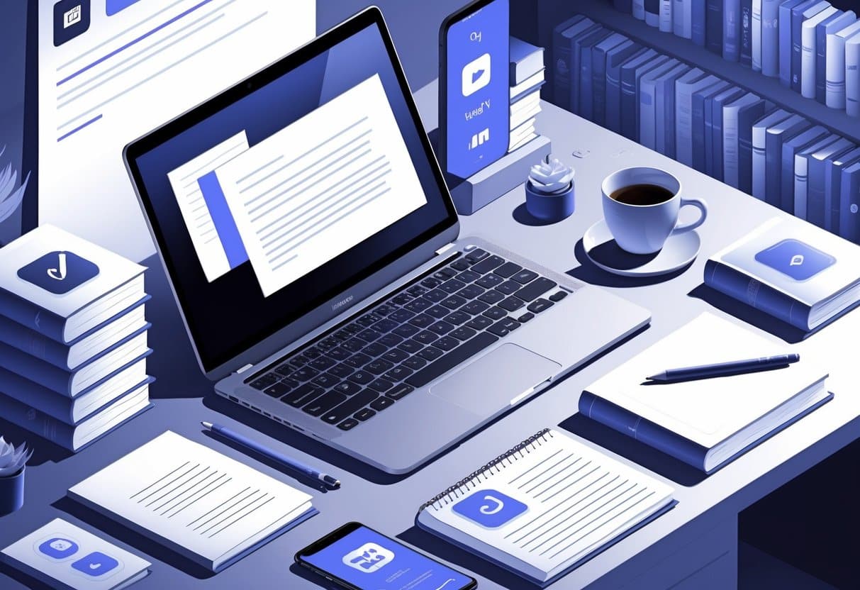 A workspace with a laptop, tablet, smartphone, books, and a coffee cup on a desk, with a bookshelf in the background.