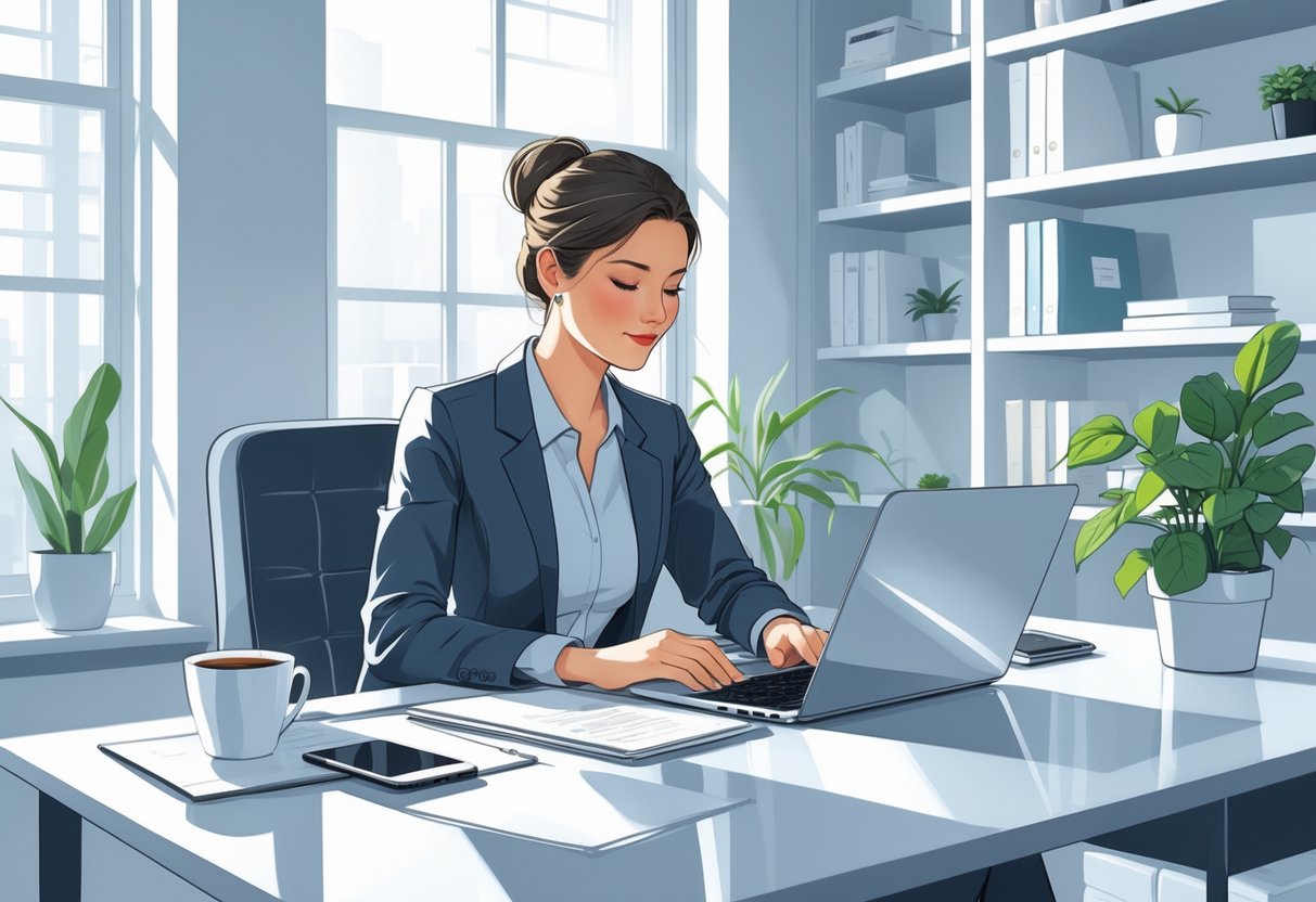 A person sitting at a desk, writing on a laptop with office items nearby, focused on creating a cover letter.