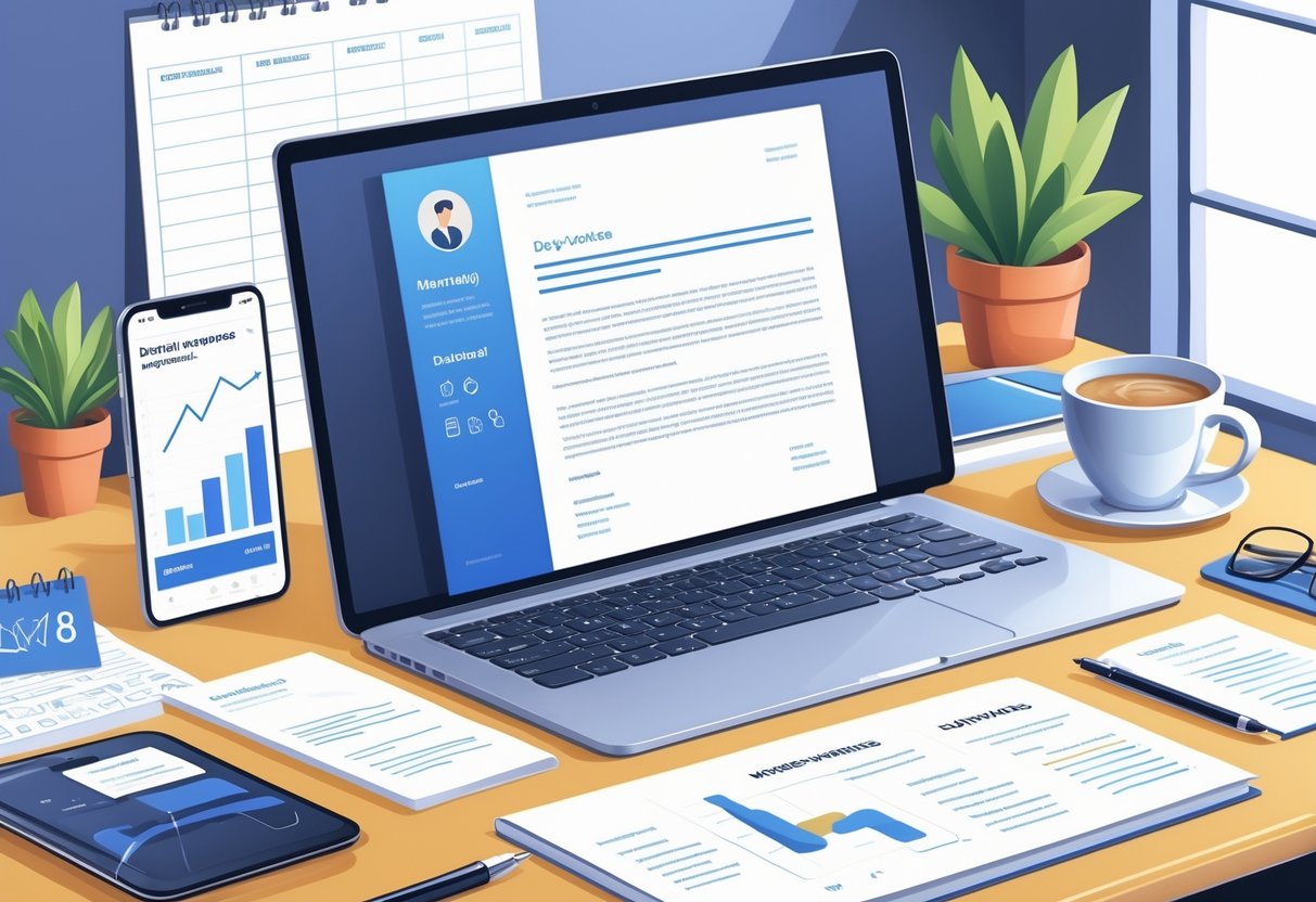 A clean workspace with a laptop showing a document layout, a smartphone with graphs, a notebook, coffee cup, and office items on a desk.