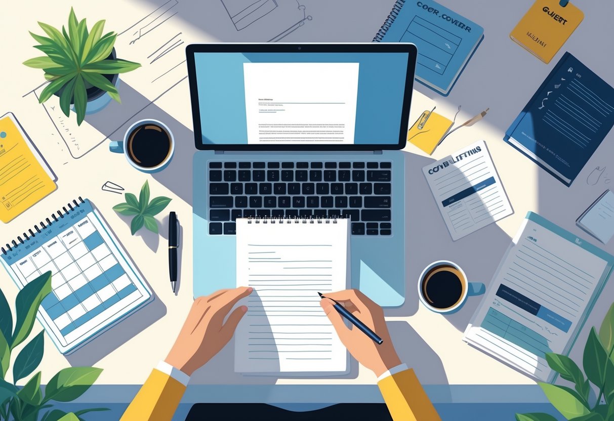 A tidy workspace with a laptop, notebook, coffee cup, calendar, checklist, and reference books arranged to show preparation for writing a cover letter.