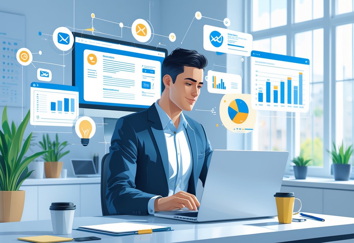 A person working on a laptop at a desk surrounded by digital marketing icons and charts in a bright office.