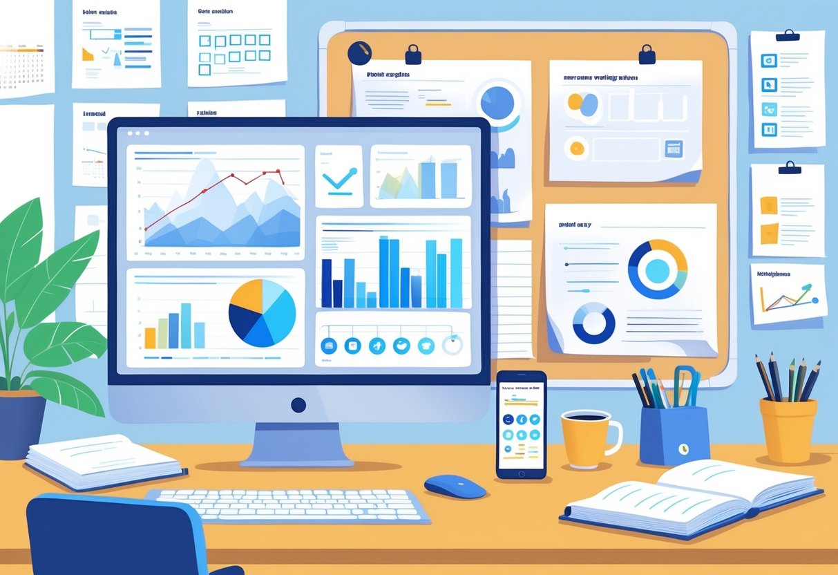 A digital marketer's workspace with a computer showing marketing charts, notebooks, smartphone with social media icons, and a whiteboard with strategy notes.