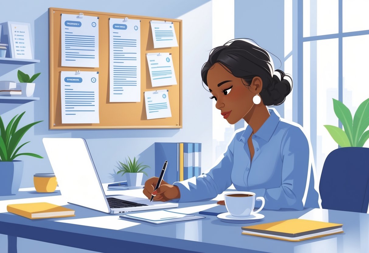 A person sitting at a desk writing on a laptop with job descriptions pinned on a board behind them in an office setting.