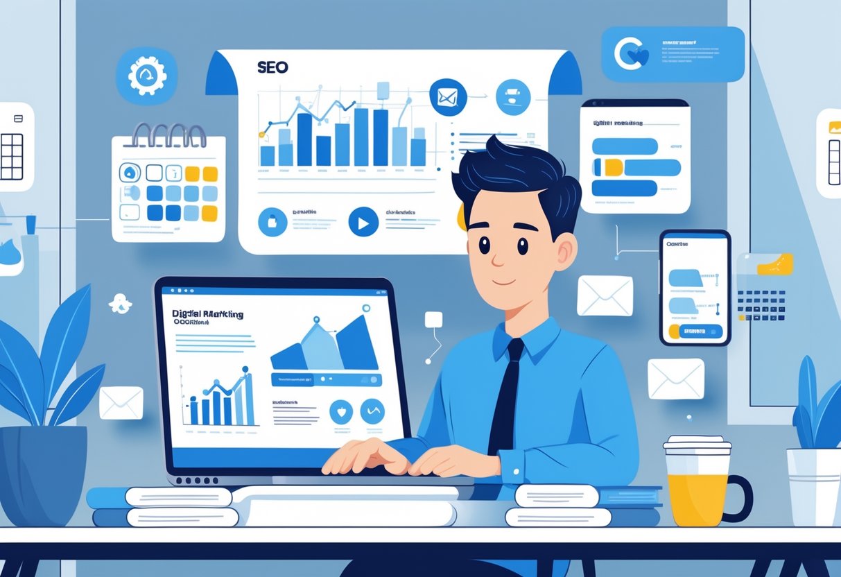 A person working at a desk with a laptop showing marketing charts, surrounded by icons representing digital marketing skills like SEO and social media.