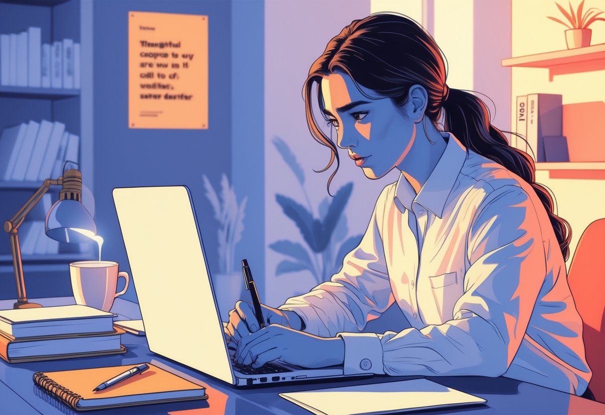 A person writing a cover letter on a laptop at a desk with a notebook and coffee cup nearby.