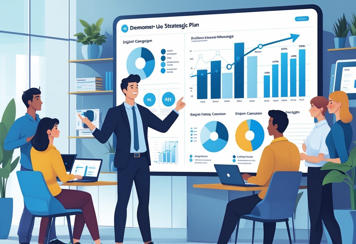 A digital marketer presenting a strategic plan with charts to colleagues in a modern office.