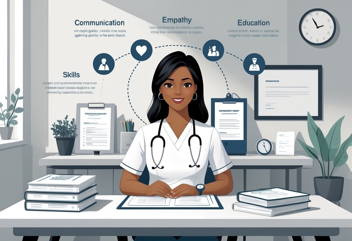 A new graduate nurse in scrubs sitting at a desk reviewing documents with medical-themed items around them in a clean office.