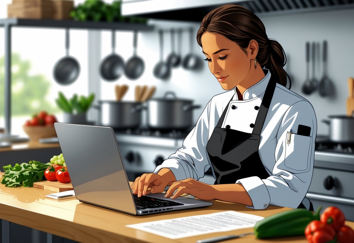 A line cook in chef attire writing a cover letter at a kitchen workstation with cooking tools and ingredients around.
