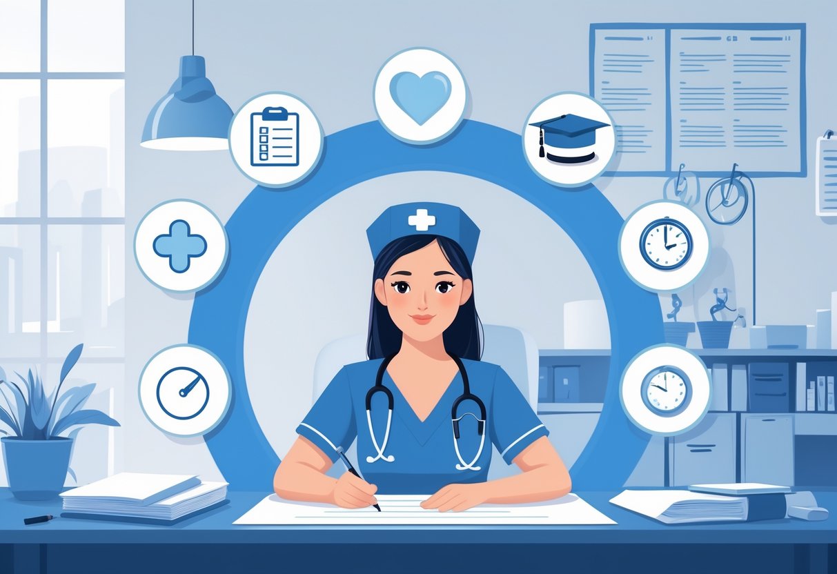 A nurse in scrubs writing at a desk surrounded by seven icons representing important elements of a nursing cover letter in a clean office setting.