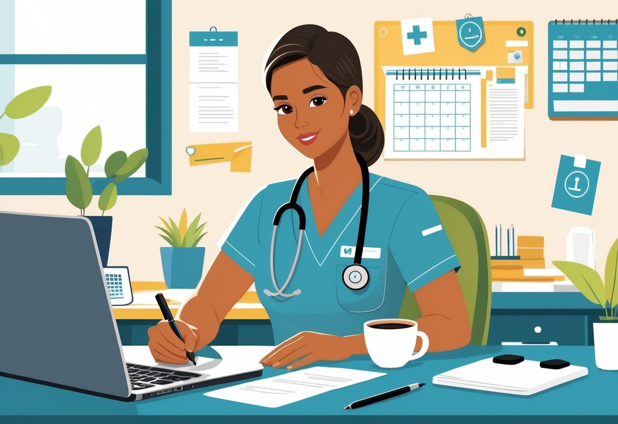 A nurse in scrubs writing at a desk with a laptop and nursing-related items in an organized workspace.