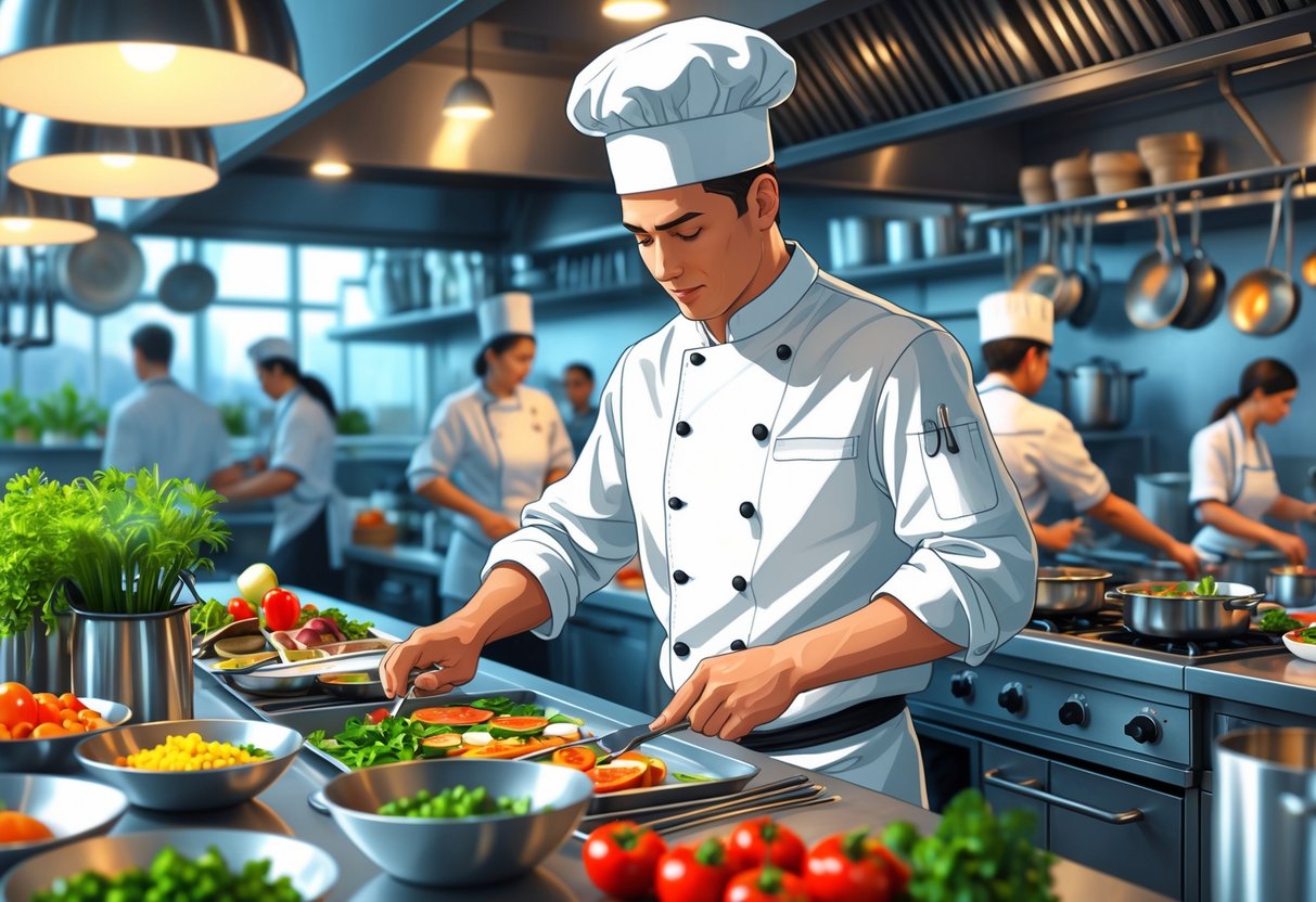 A line cook preparing food in a busy restaurant kitchen with fresh ingredients and cooking utensils around.