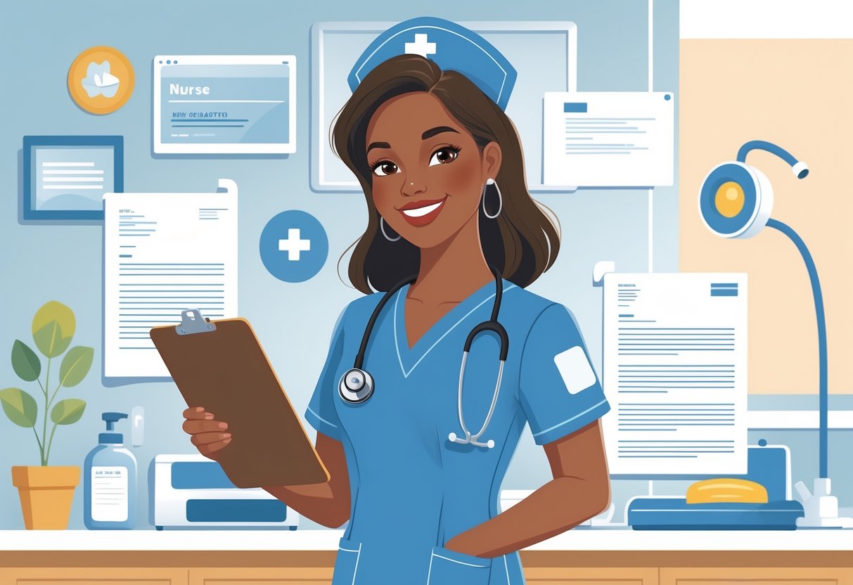 A new graduate nurse in scrubs holding a clipboard, standing in a hospital with a mentor nearby and medical equipment in the background.