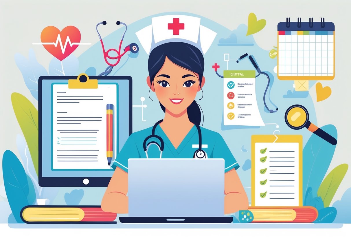 A new graduate nurse in scrubs typing a cover letter at a desk with nursing-related items like a stethoscope, clipboard, and checklist nearby.