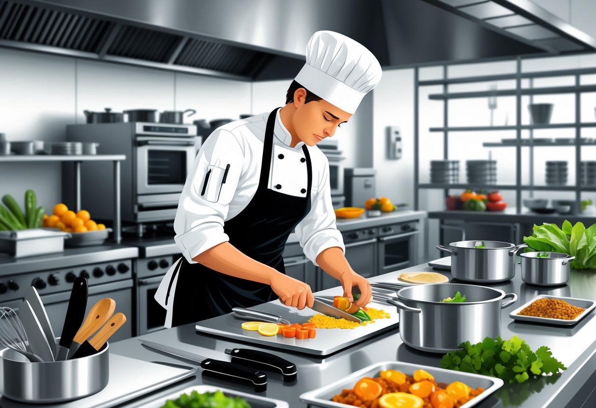 A line cook preparing food in a clean, organized commercial kitchen with cooking equipment and fresh ingredients around.