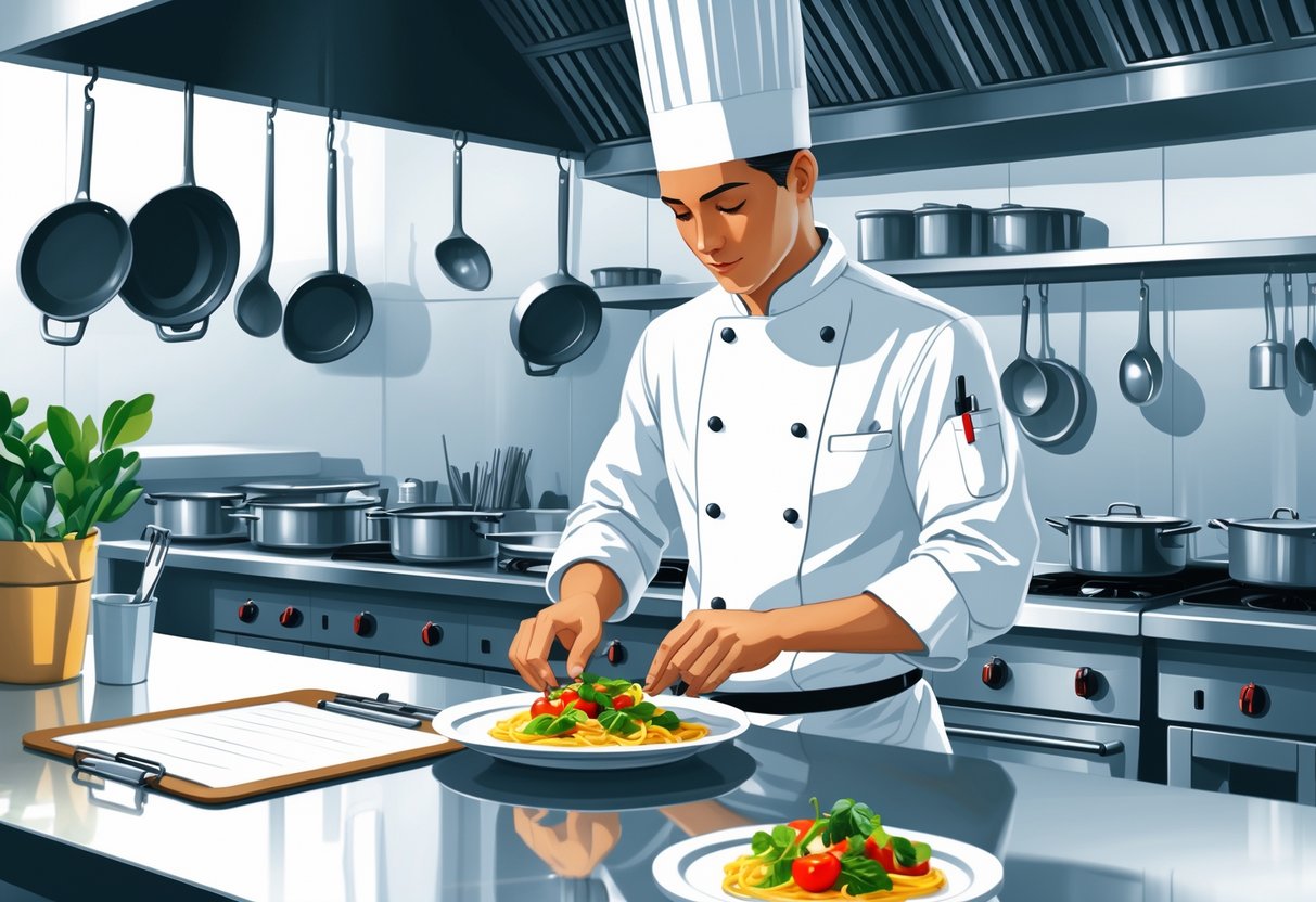 A line cook wearing a chef's jacket and hat carefully plating food in a busy commercial kitchen with cooking equipment and utensils around.