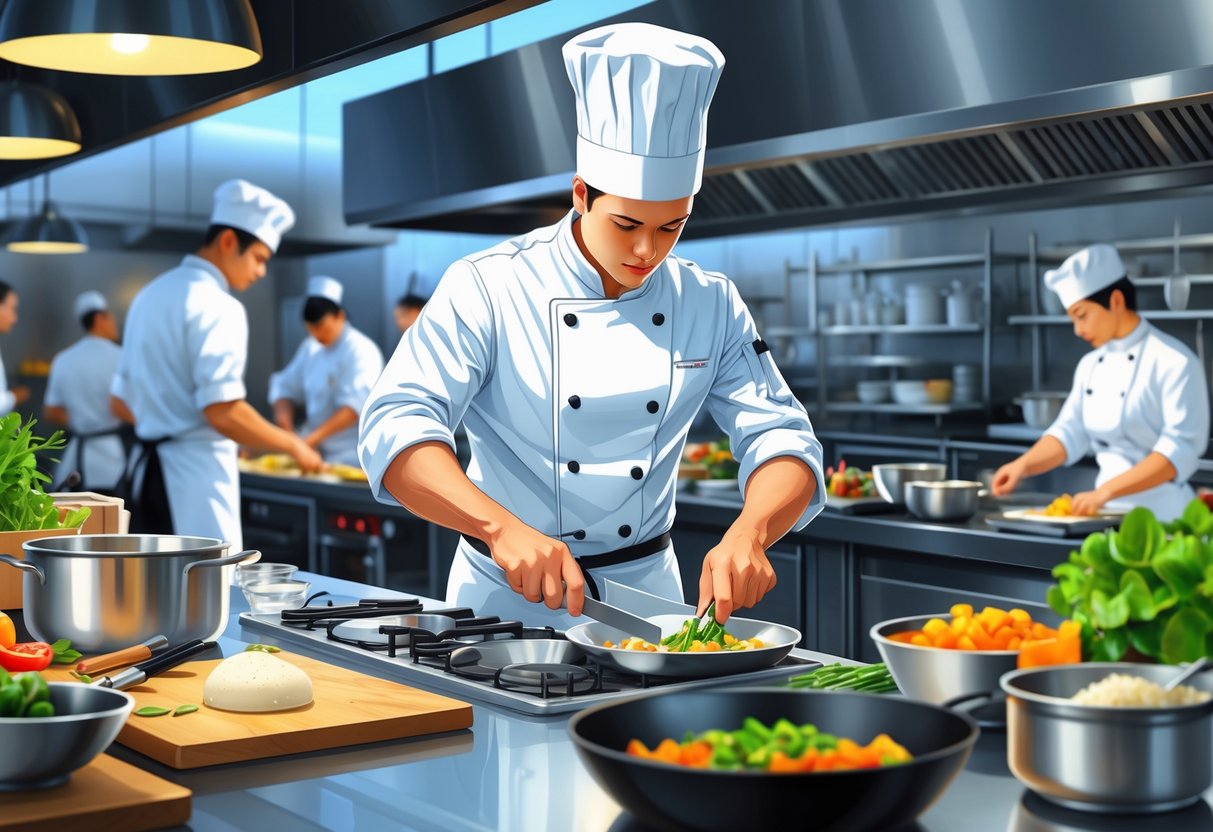 A line cook preparing food in a busy restaurant kitchen with cooking tools and other staff working in the background.