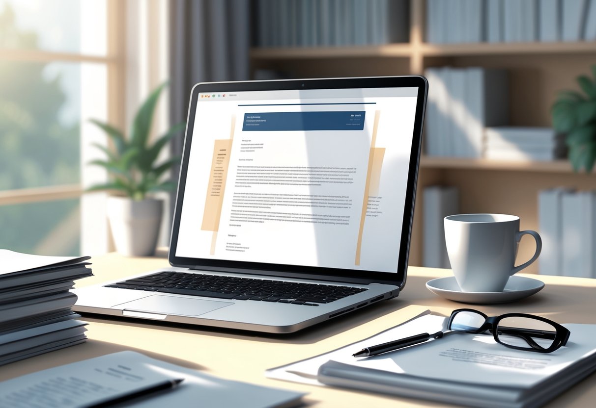A workspace with a laptop showing a document, a cup of coffee, a pen, glasses, and a potted plant on a desk near a window.