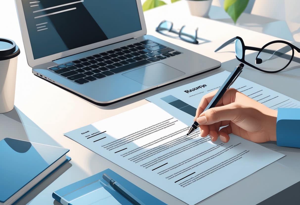 A workspace with a laptop showing a document, a printed resume, and a hand holding a pen above paper, surrounded by office items like a coffee cup and glasses.