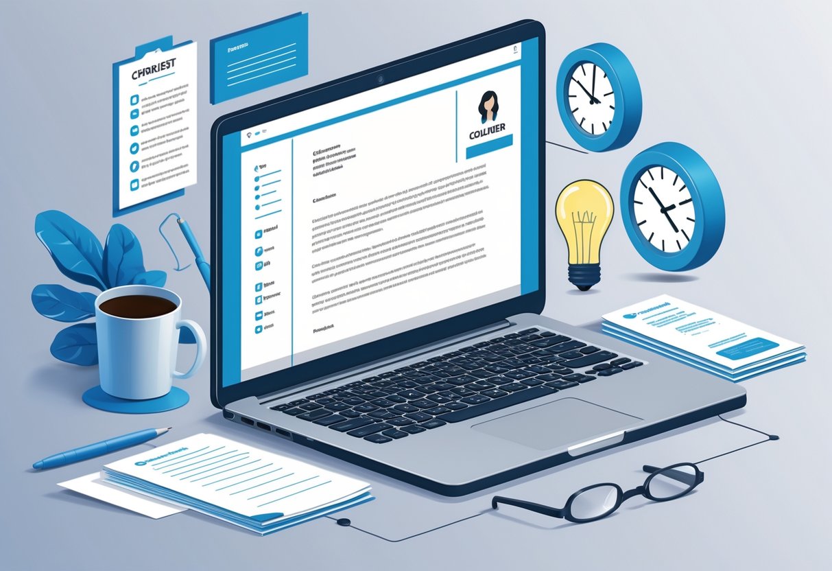 A workspace with a laptop showing a cover letter and icons representing key elements like a checklist, pen, clock, and lightbulb, surrounded by office items like a coffee cup and plant.