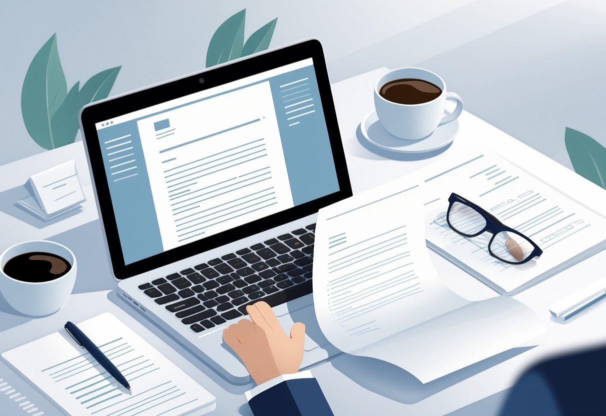 A workspace with a laptop showing a digital cover letter, a printed resume, a pen, coffee cup, glasses, and a notepad on a desk.