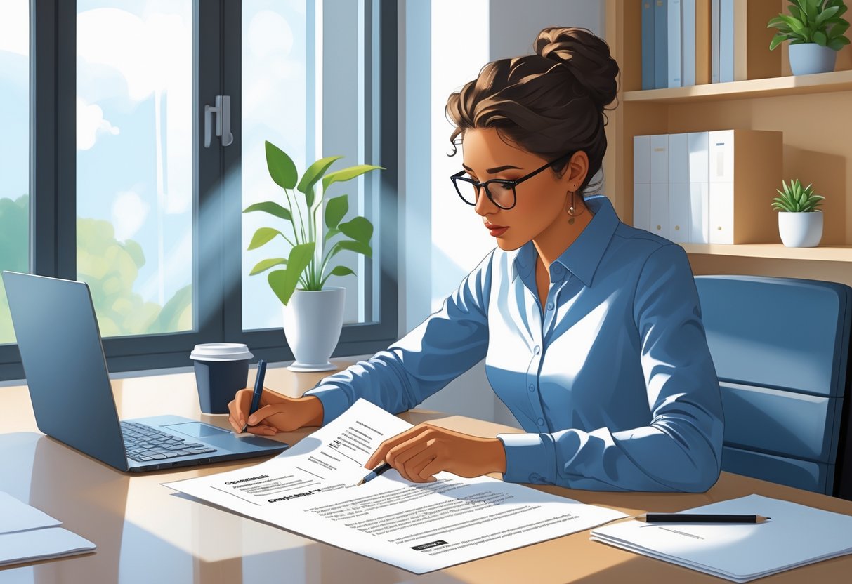 Person sitting at a desk reviewing a cover letter and a job description side by side in a well-lit workspace.