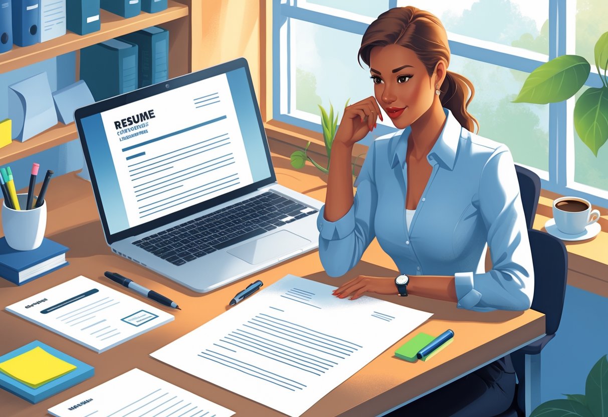 A person reviewing a cover letter and resume at a tidy desk with a laptop, pen, and coffee cup in an office setting.
