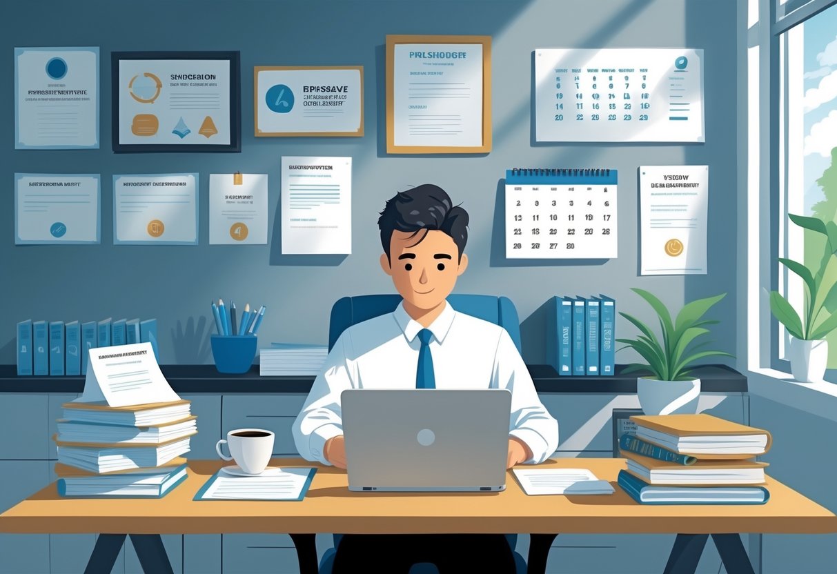 A person working at a desk in an office, writing on a laptop with certificates and awards on the wall behind them.