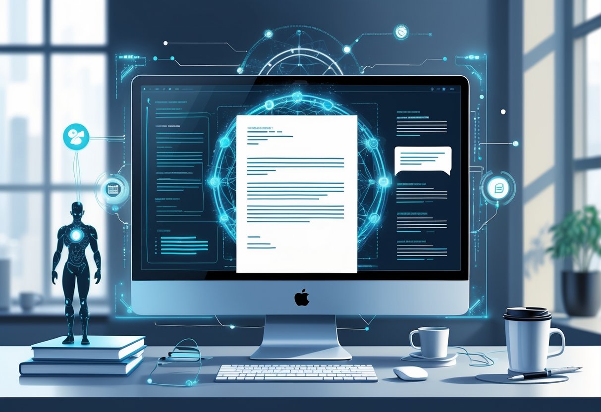 A workspace with a computer showing AI elements alongside a digital cover letter, surrounded by icons representing automation and writing, set in a professional office environment.