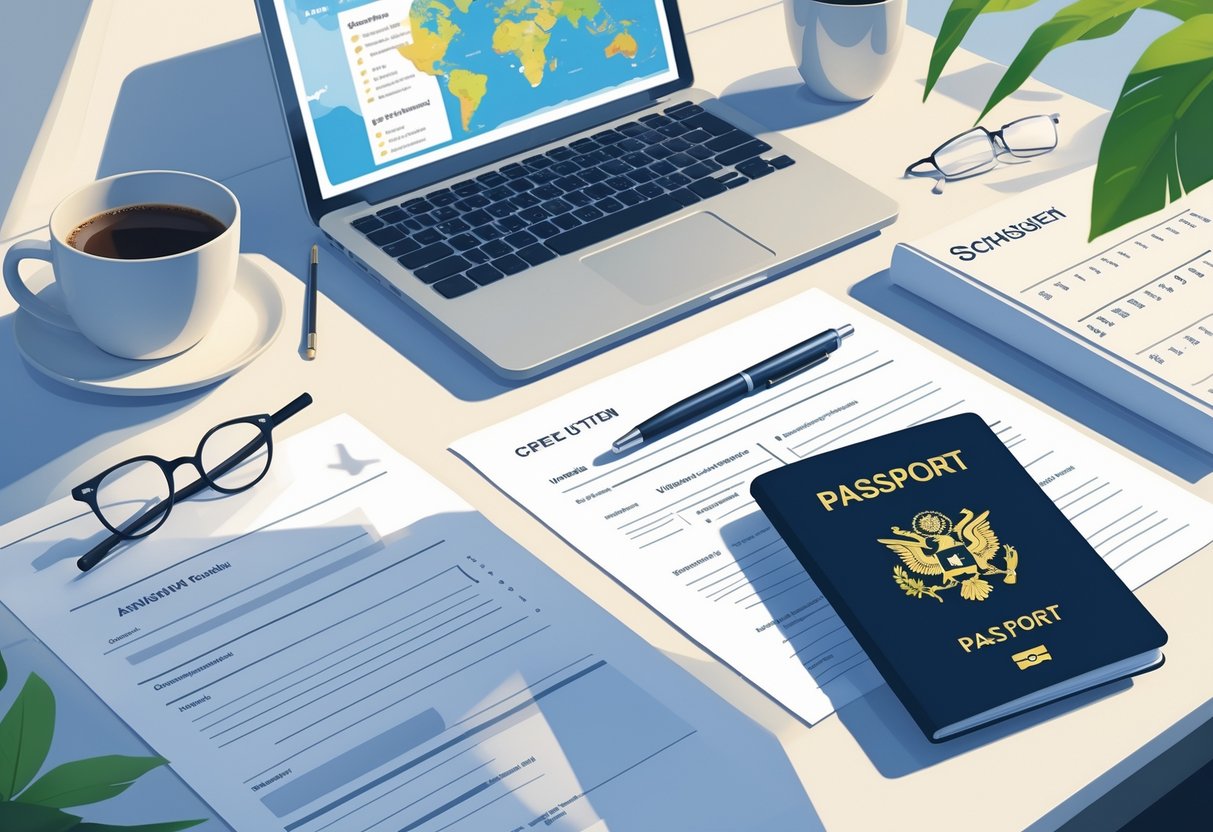 A tidy desk with a passport, visa application form, cover letter, pen, laptop showing a map, coffee cup, and calendar with travel dates.